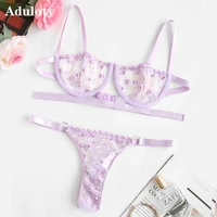 hot sale new style womens thin section mesh embroidered sexy underwear underwire gather bra panty set thong sexy lingerie set