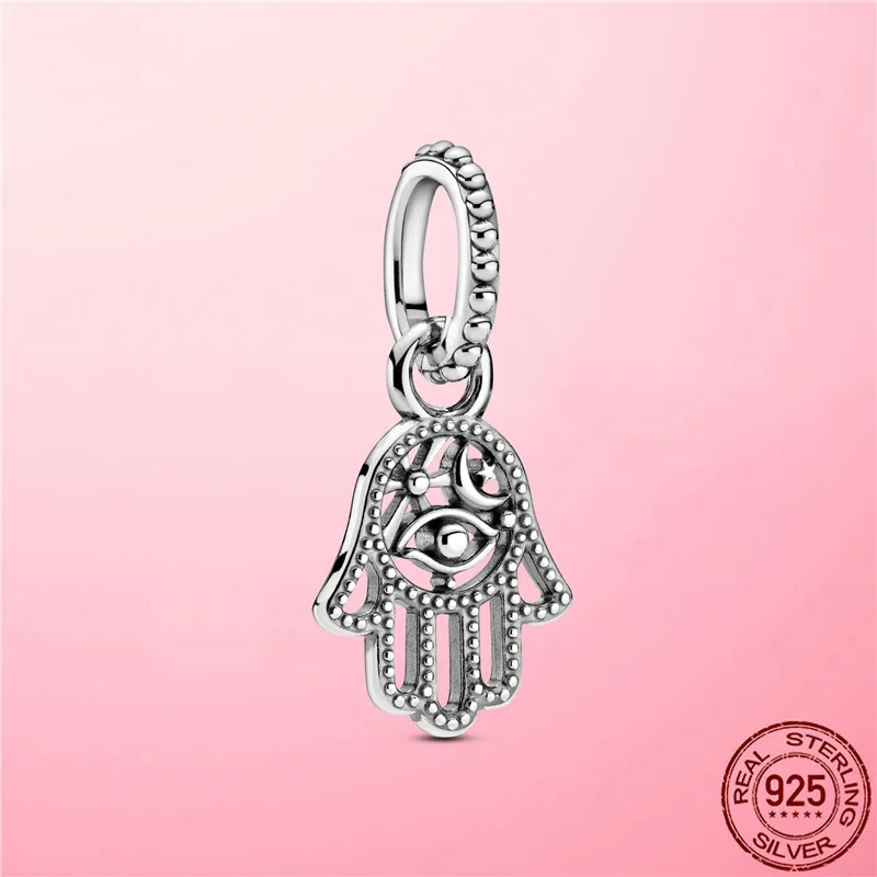 

Hot Sale Lucky Charm 925 Sterling Silver Protective Hamsa Hand Dangle Charm Beads fit pandora Bracelet 925 Silver jewelry