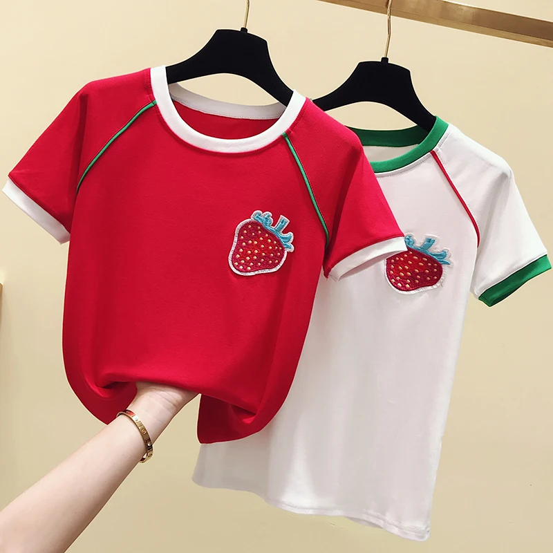 Летняя хлопковая Футболка в стиле Харадзюку С клубничным принтом женские топы