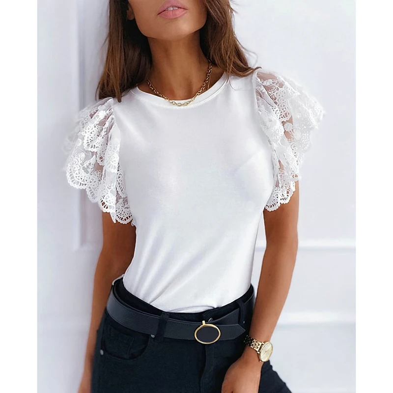 

Женская Кружевная футболка с коротким рукавом, черная или белая приталенная футболка с круглым вырезом, модель SJ5711X на лето, 2020