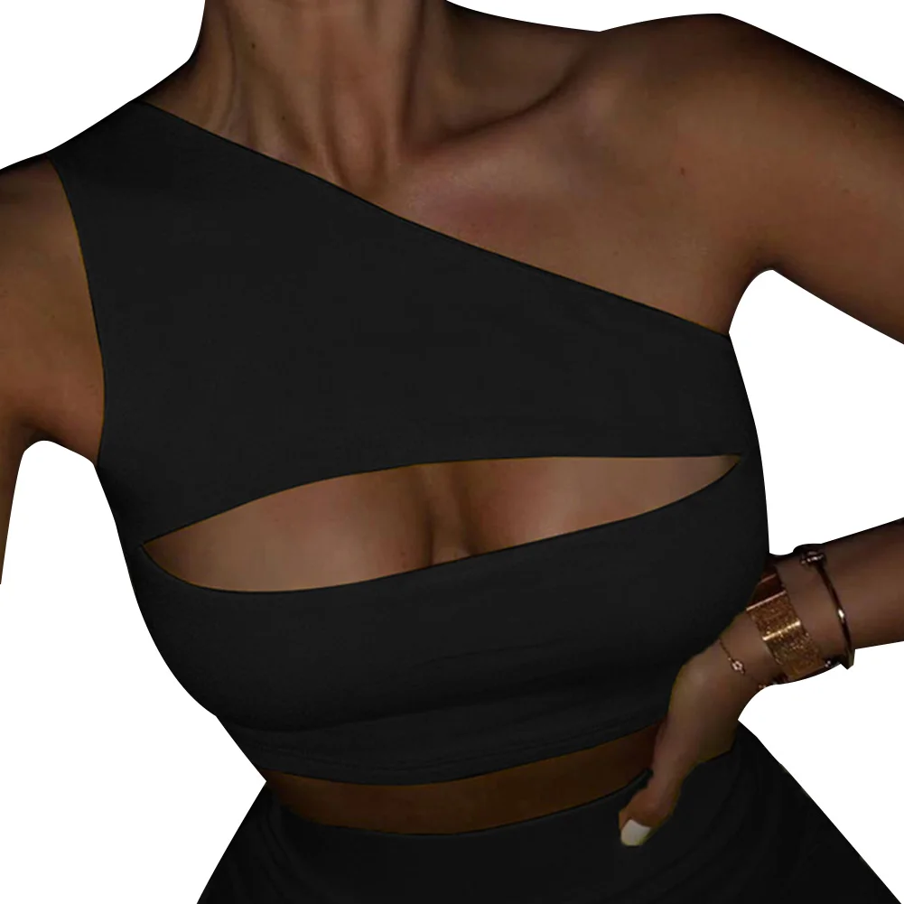 

Women Tracksuits 2020 Clothes Set Color Two Piece One Shoulder Casual Cut Out Crop Top Biker Shorts Sporty Active Wear