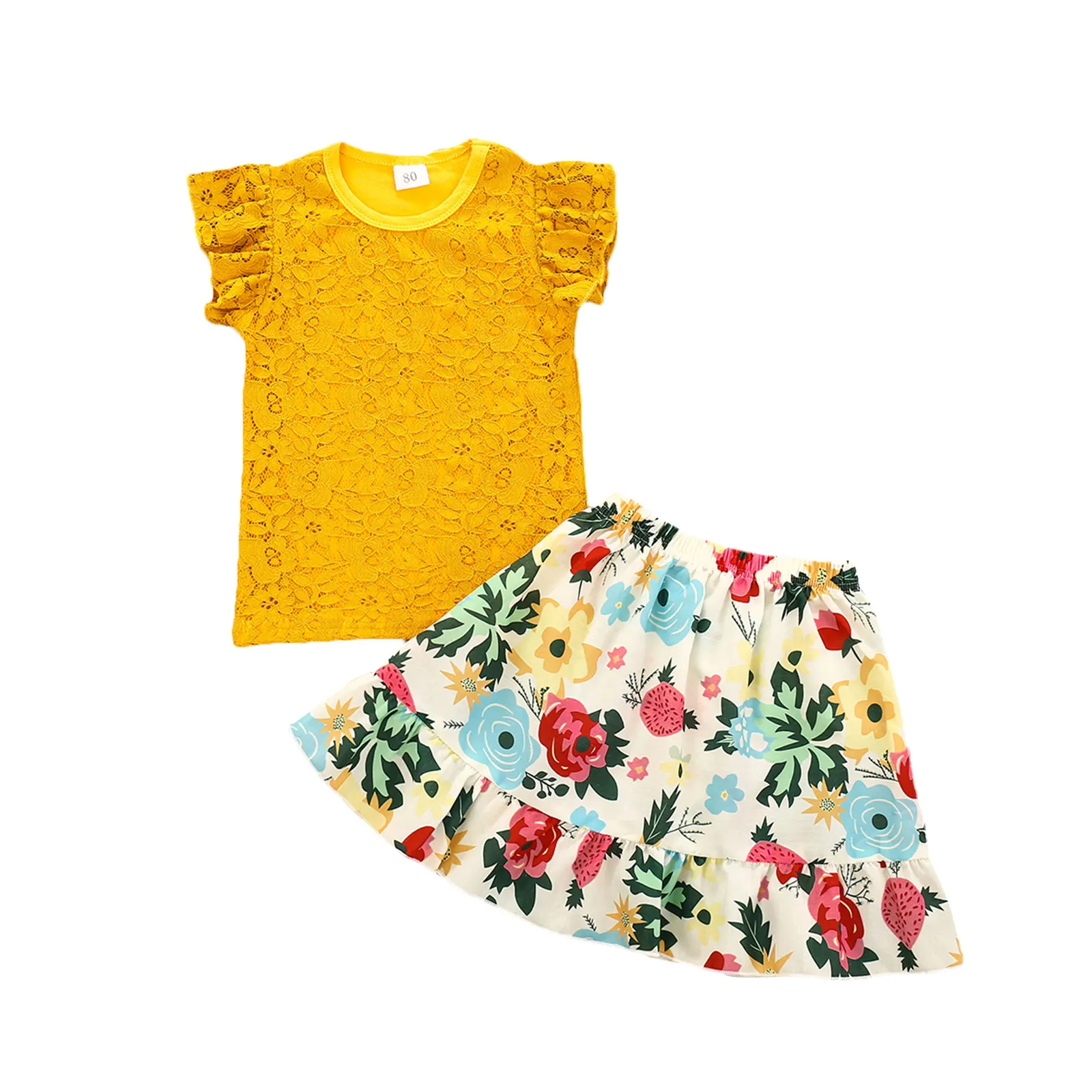 

Комплект из 2 предметов для маленьких девочек, летний креативный кружевной топ с круглым вырезом и коротким рукавом + юбка с цветочным принт...