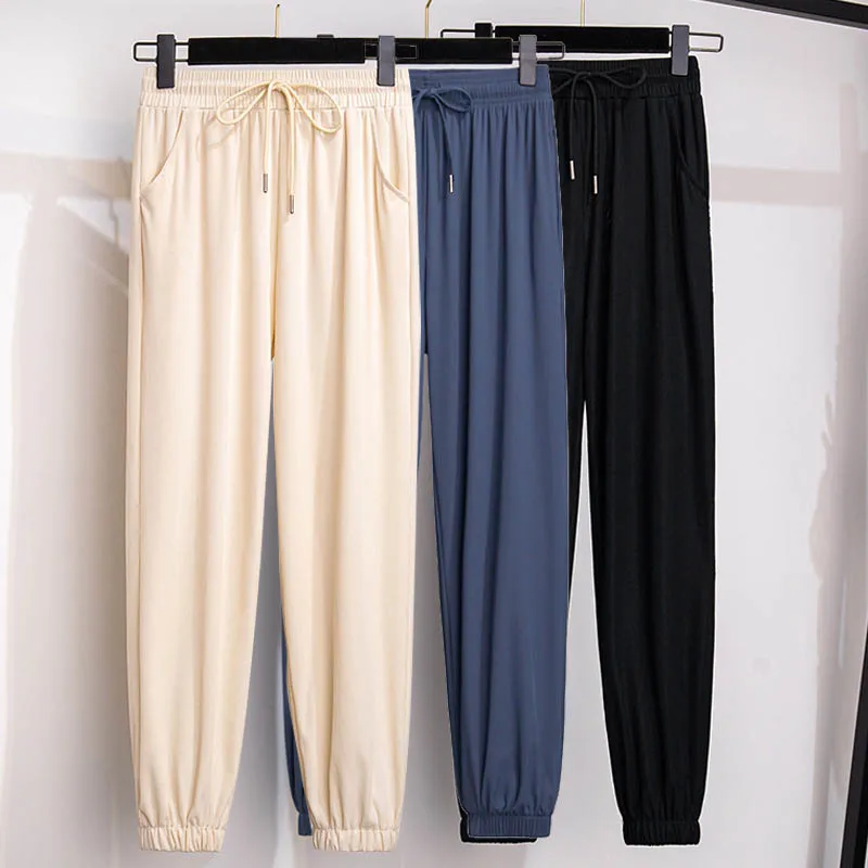 

Oversized Women High-waisted Trousers Loose Nine-point Ice Silk Trousers Casaul Solid Joggers Women Bottoms Y2K 2021