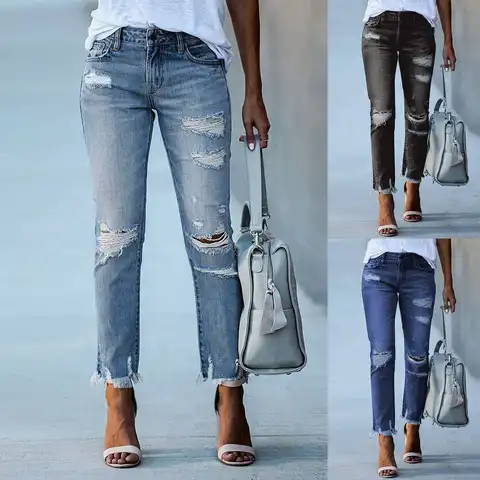 Женские джинсы скинни, однотонные рваные джинсы, новинка 2021