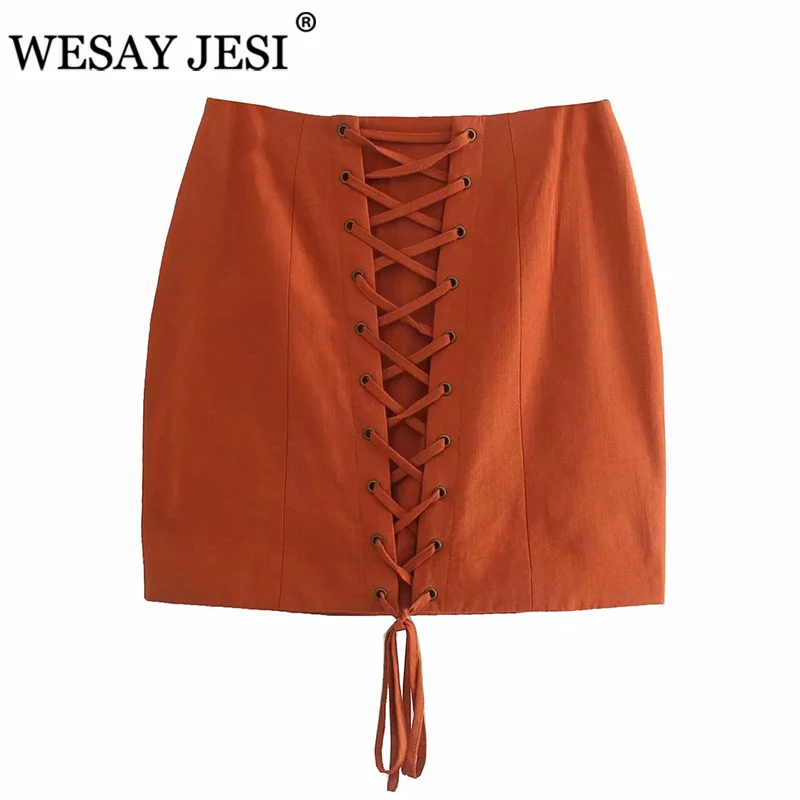 

WESAY JESI Women Skirt TRAF ZA Brown Drawstring Sexy Lace Up Sheath Skirts High Waist Sexy Mini Skirts Elegant Mujer Faldas