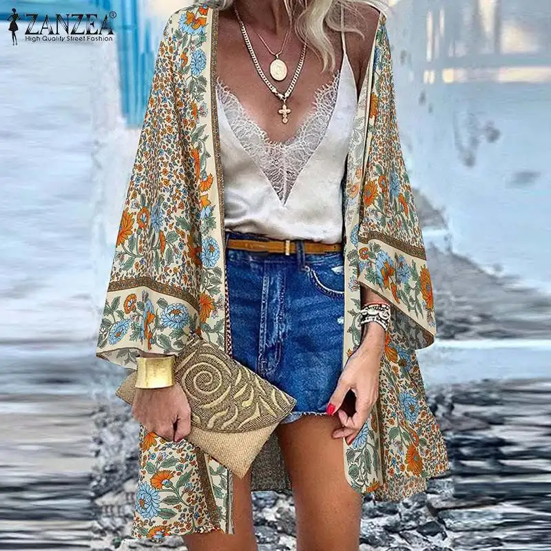 

ZANZEA Summer Bohemian Beach Cardigan Women Floral Printed Long Sleeve Blouse Kimono Vintage Open Front Holiday Shirt Tunic Tops
