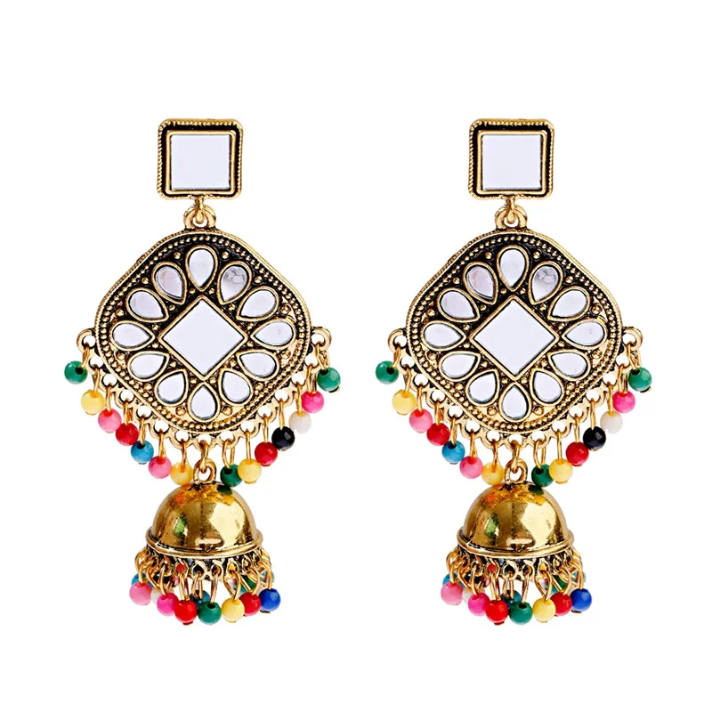Цыганские серьги с жемчужинами и кисточками в индийском стиле Jhumka для женщин, богемные Ретро Золотые Зеркальные колокольчики, тибетские сережки oorbellen