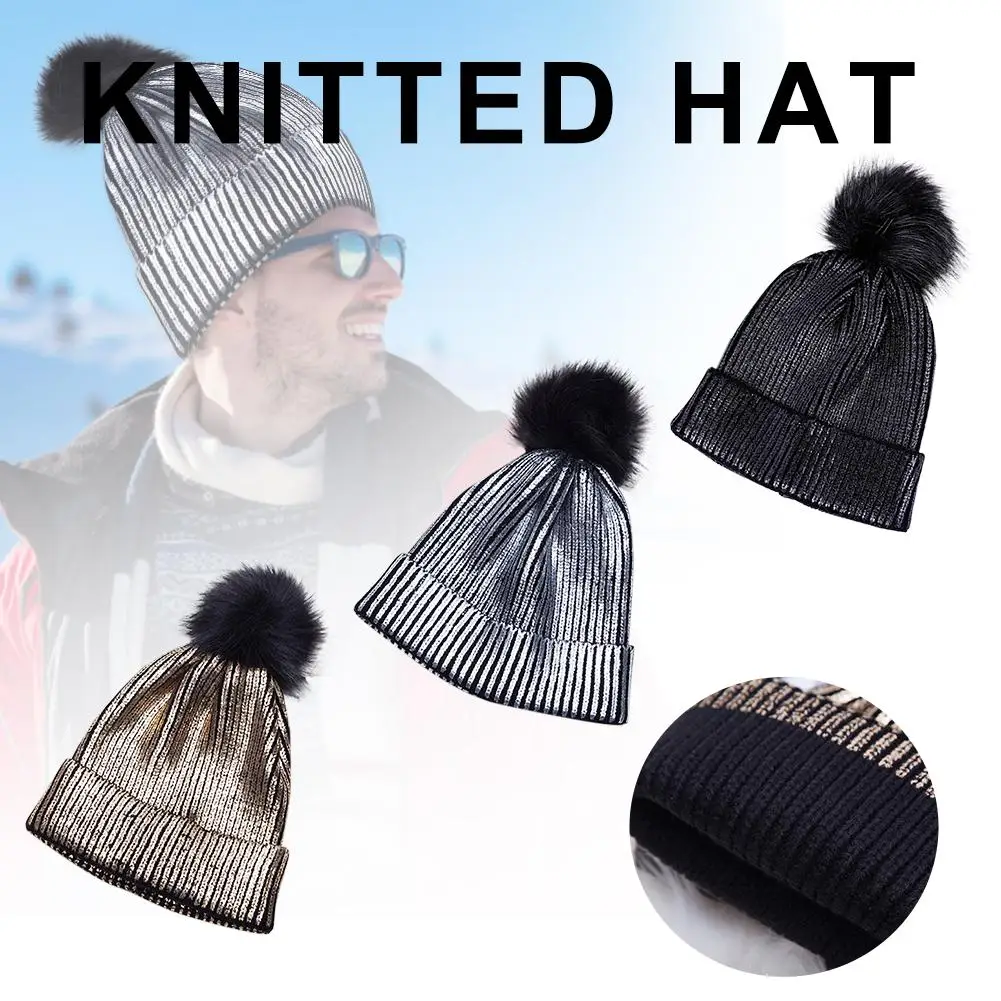 

Metallic Shiny Crochet Knit Cap With Flocculus Warm Keeping Slouchy Warm Brimless Beanie Cap For Winter Male Female