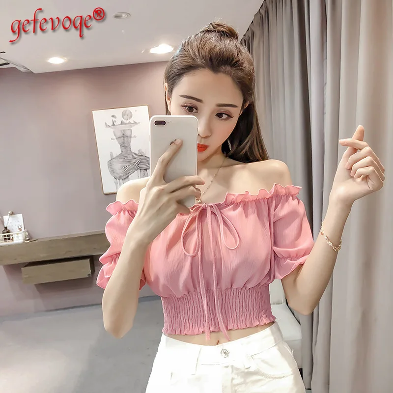 

2021 Summer Sexy Off Shoulder Ruffles Short Sleeve Crop Top Women Casual Slim Sweet Lace Up Blouse Solid Cute Chic Shirt Blouses