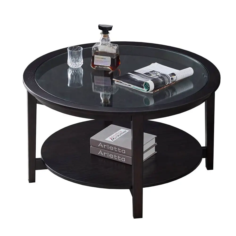 

Modern Solid Wood Round Coffee Tea Side Table 36" Double-Deck Design with Tempered Glass Top Black for Living Room[US-Stock]