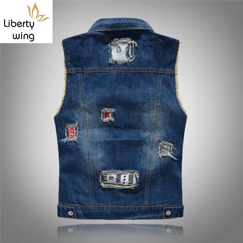 Модные мужские мото и платье из денима без рукавов рваные ленточки плетение