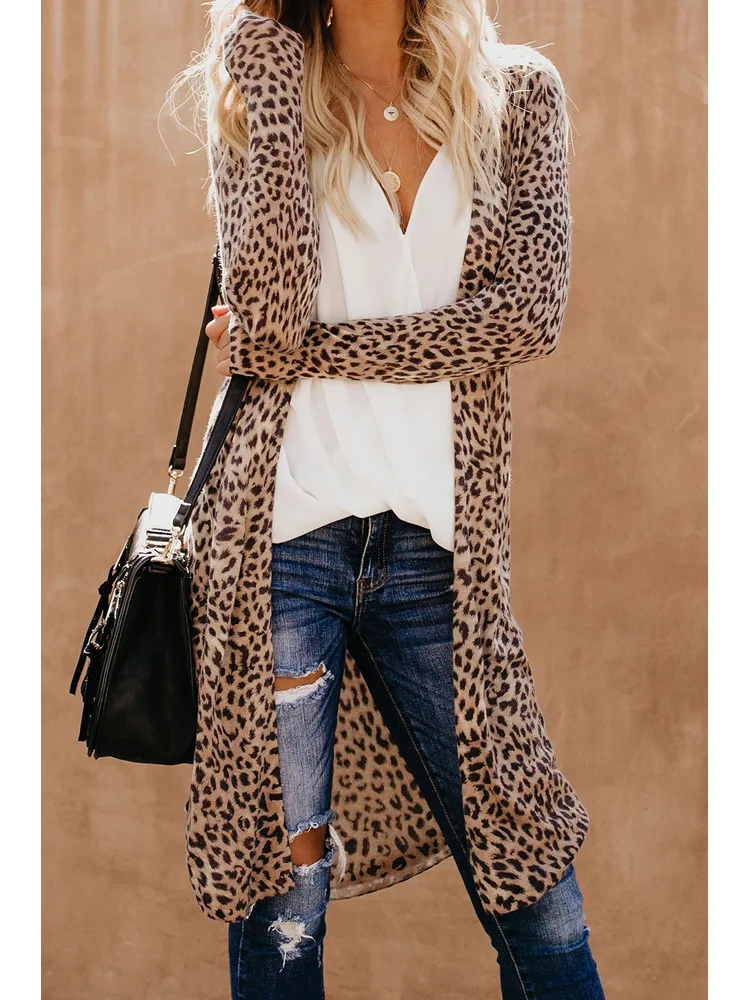

LongCardigan V neck Long Sleeved Sweaters Camouflage Leopard Print Long Sleeve Casual Comfortable Medium Length Blouse Cape