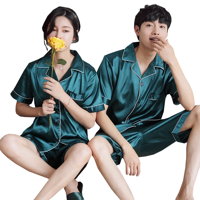 CAIYIER Summer Couples Pajamas Set Solid Short Sleeve Shorts Sleepwear Silk Lovers Nightwear Men & Women Casual Homewear M-3XL
