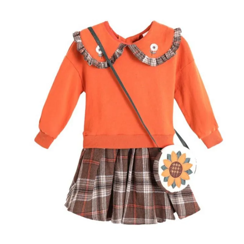 

DFXD/Одежда для подростков, девочек комплект 2019 Осенняя мода отложной воротник с вышивкой пуловер Топ + клетчатая юбка-пачка юбка, комплект од...