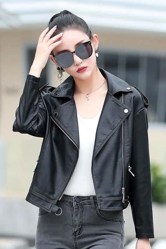 

JCHB 2021 Spring and Autumn New small leather coat women's short slim-fit motorcycle leather jacket coat large size women's