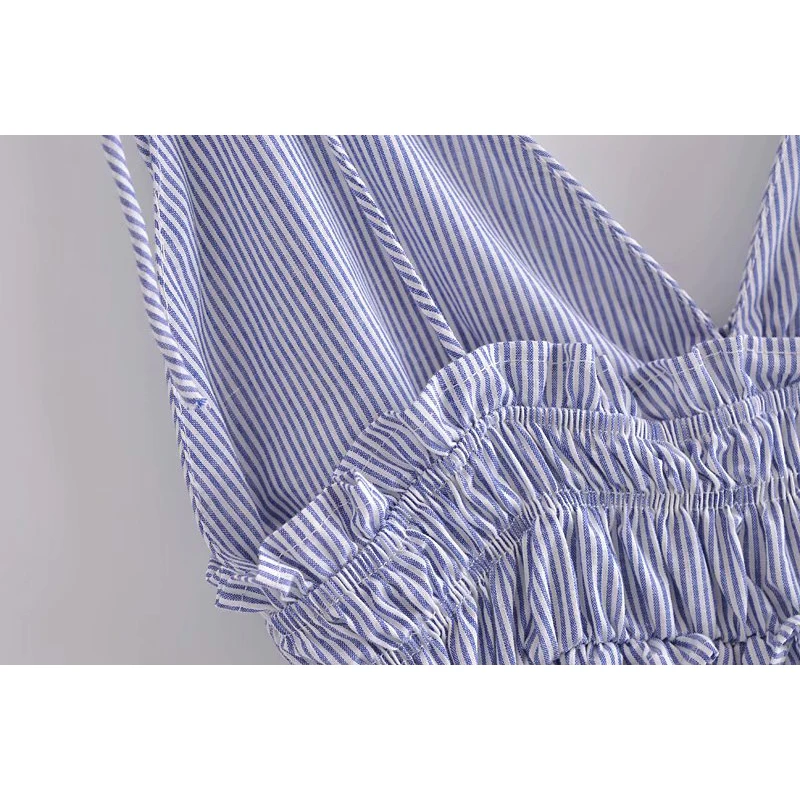 

2021 Women Fashion Striped Elastic Waist Mini Dress Thin Straps V-Neck Backless Vintage Female Dresses Woman Robe femme