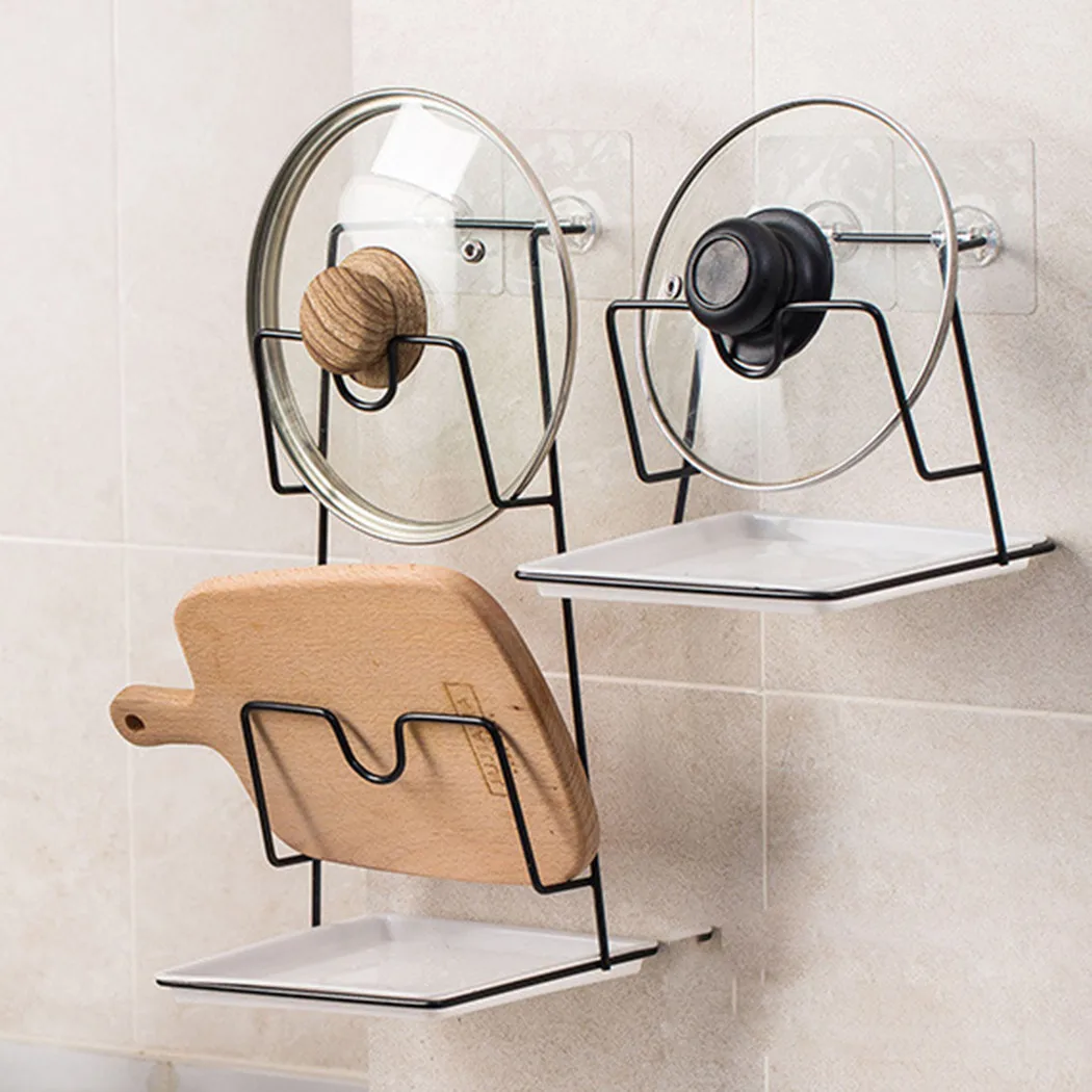 

1 * Pot Lid Rack Wrought Iron+adhesive+pp Wall Hanging Pan Lids Storage Rack Holder Cupboard Saucepans Holds Shelf