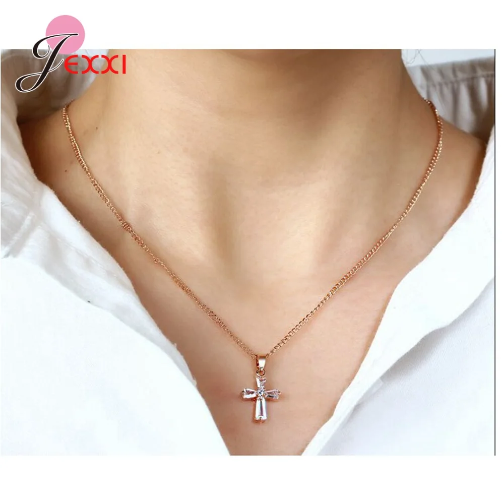 S925 стерлингового серебра крест Шарм ожерелье хрустальные стразы кубический