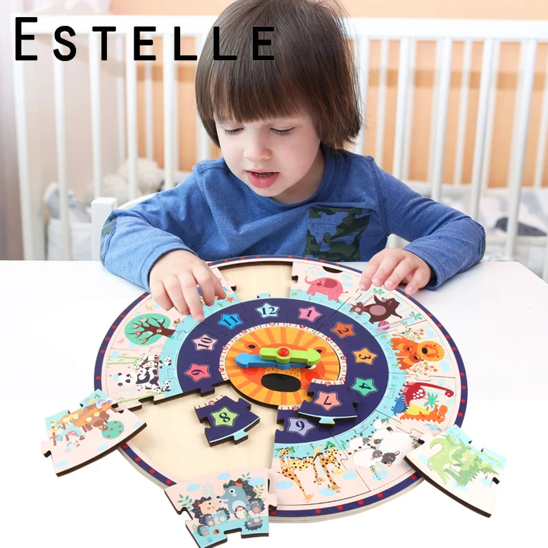 2 в 1 деревянный пазл Часы-пазл для детей Монтессори раннее образование время