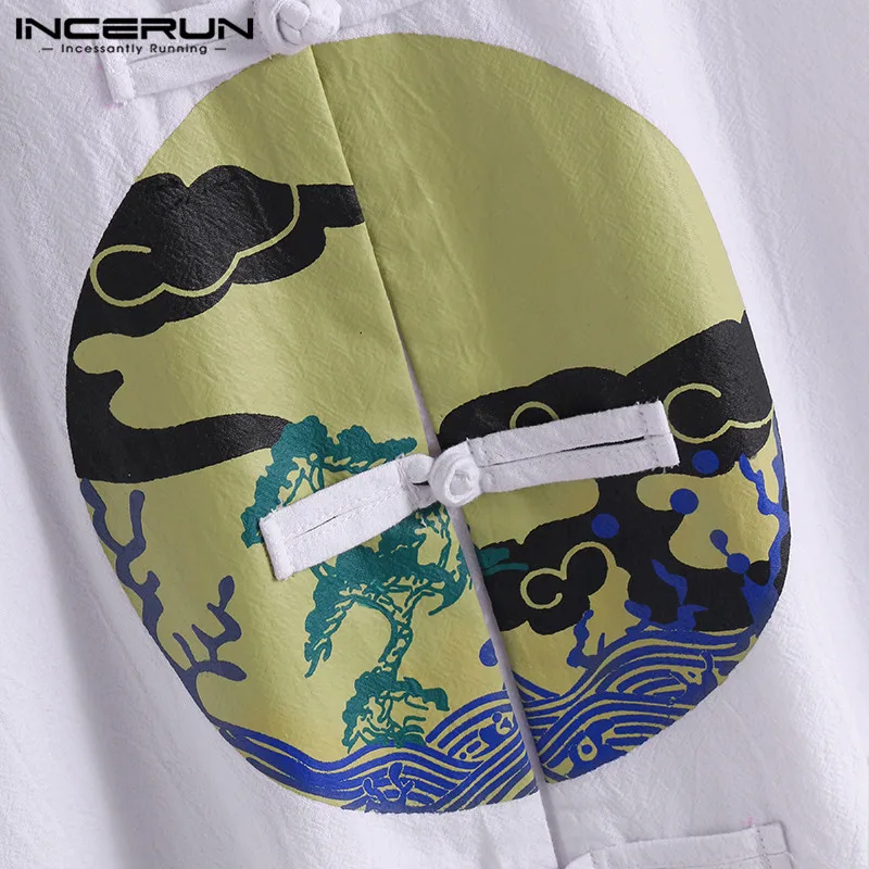 

Men Stand Collar Button Up Blouse INCERUN Vintage Printed Short Sleeve Shirts Chinese Style Male Cotton Breathable Shirts S-5XL