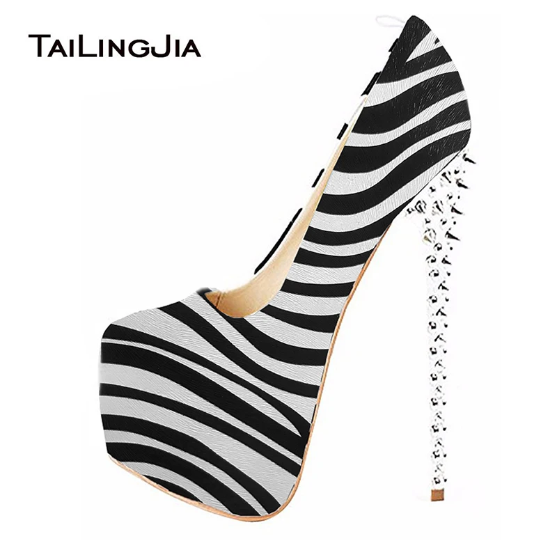 

Womens Zebra Stripper Heels Shoes Woman Ultra High Heel Pumps Studded Sexy Platform Shoe Round Toe Ladies Spikes Heeled Footwear