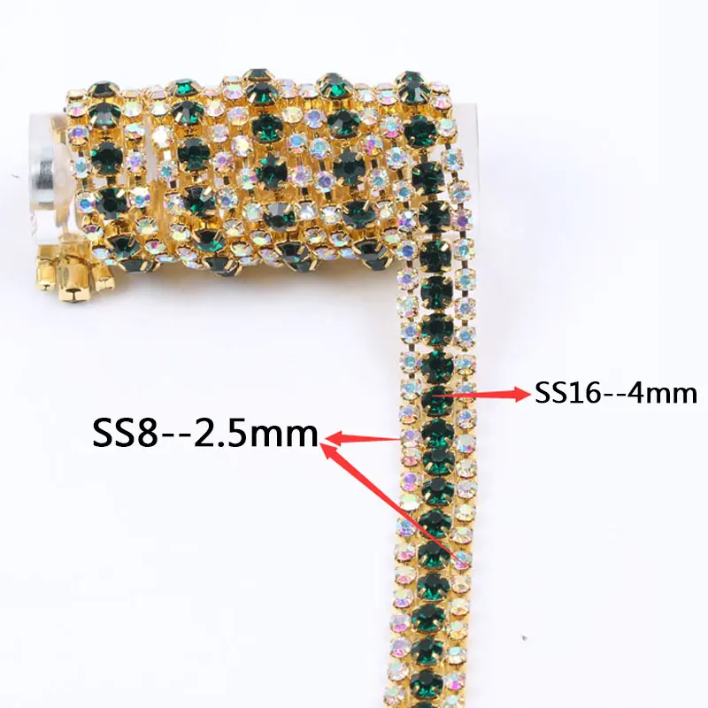 3 ряда 1 ярд стразы Кубок цепи с золотой коготь красочные Стекло Strass Rhinetones обрезки Швейные Ремесло украшения Y2286
