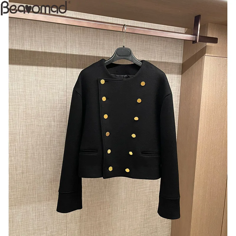 

Женская Осенняя шерстяная куртка Bearomad, черная ретро-куртка с О-образным вырезом, сплошная шикарная двубортная Женская Повседневная Свободн...