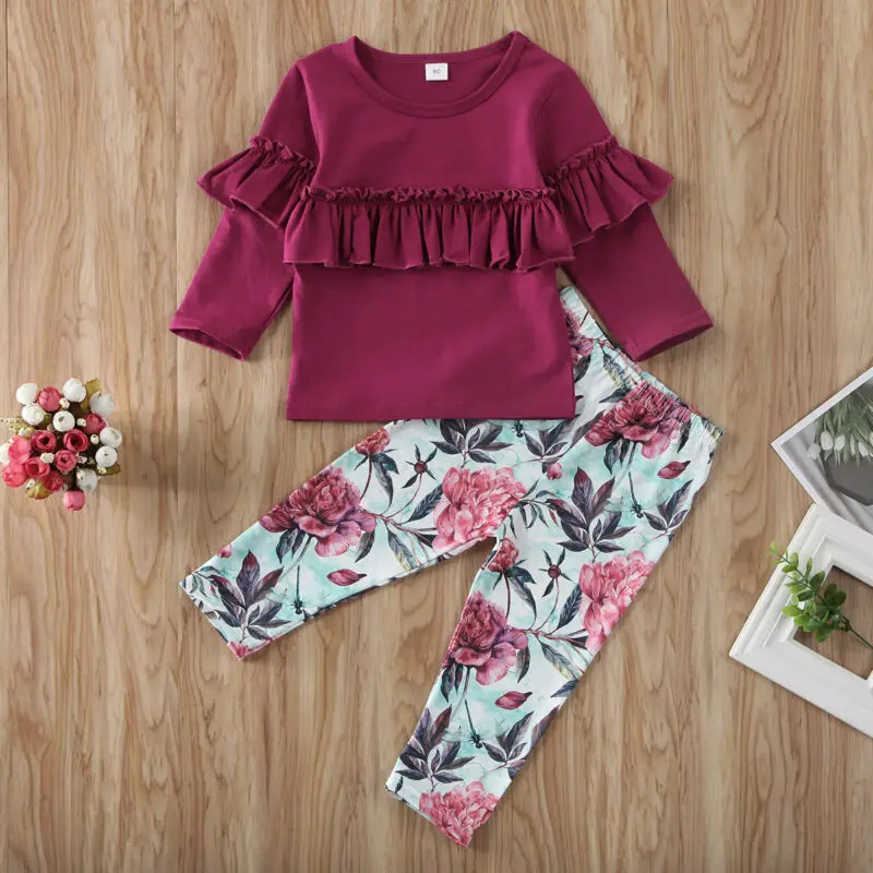 

Imcute Spring Autumn Fashion Infant Baby Girls Kids Ruffle Long-sleeved Top Romper Flower Trousers Clothes