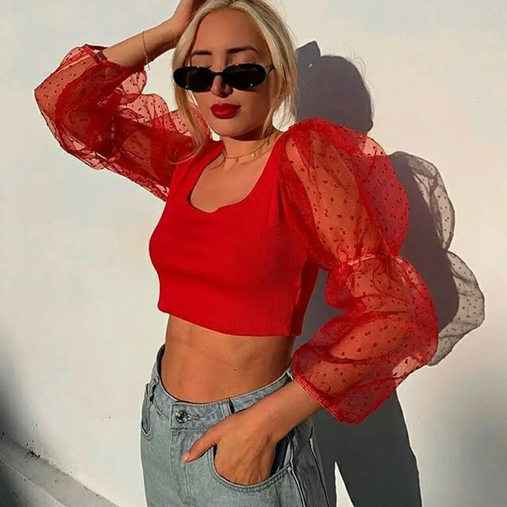 Женские прозрачные сетчатые фатиновые блузки с длинными рукавами рубашки