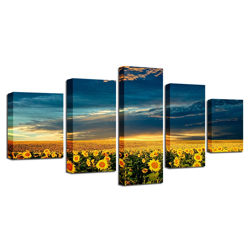 

Framework Art Modern HD Print 5 Pieces Sunflower Flowers Sea Paintings Poster Modular Canvas Home Decor Room Landscape