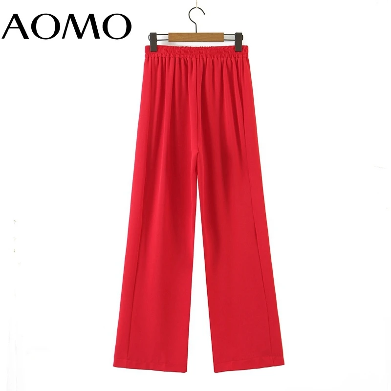 

AOMO 2021 Fashion Women Loose Red Pants Long Trousers Bow Strethy Waist Pockets Female Pants SL372A