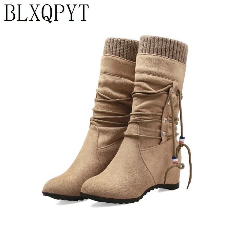 

BLXQPYT Plush Warm Winter Med -calf Women boots Snow Boots Height Increasing heels Female Shoes woman Large Size M2528
