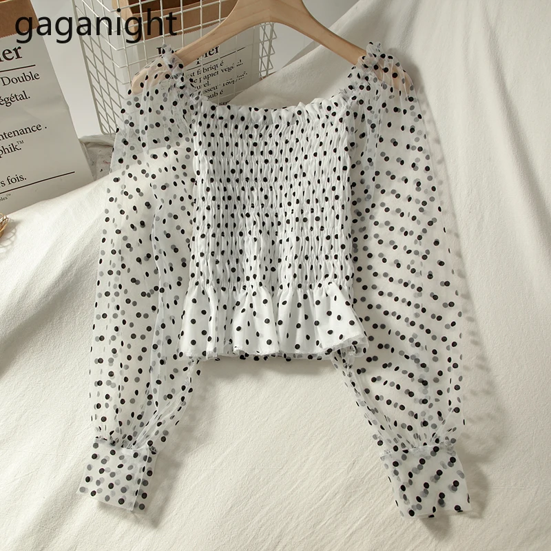 Gaganight пикантная женская блузка в горошек с длинным рукавом Укороченная рубашка