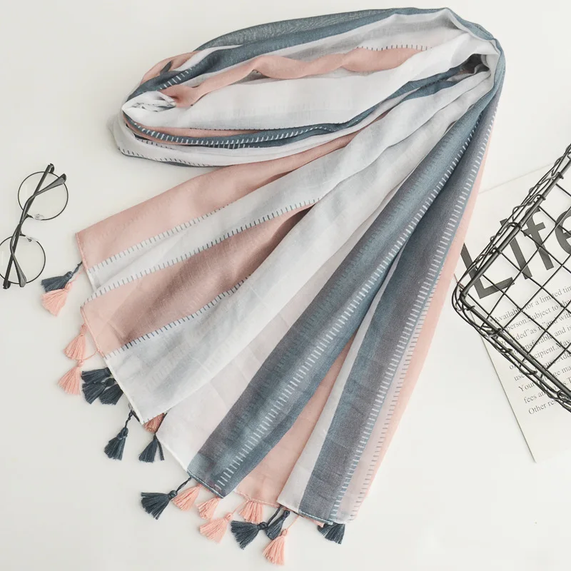 Japanese Korean version of small fresh cotton and linen scarves size stripes color matching decorative sunscreen shawls |
