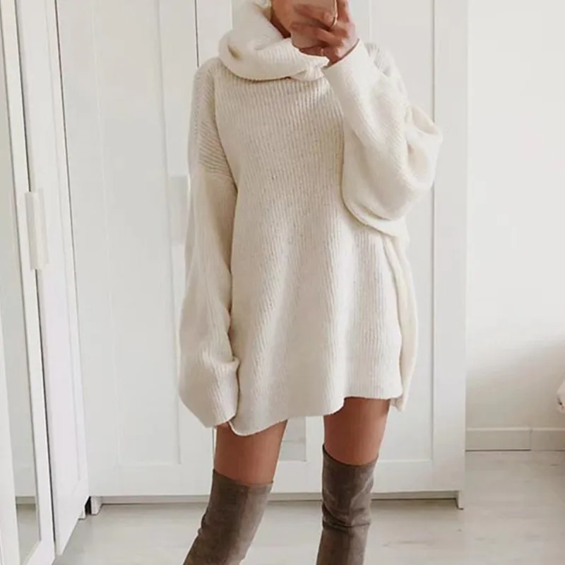 

Knitted Women's Turtleneck Sweater Warm Long Batwing Sleeve Solid Midi Female Pullovers 2021 Autumn Winter Ladies Loose Jumper
