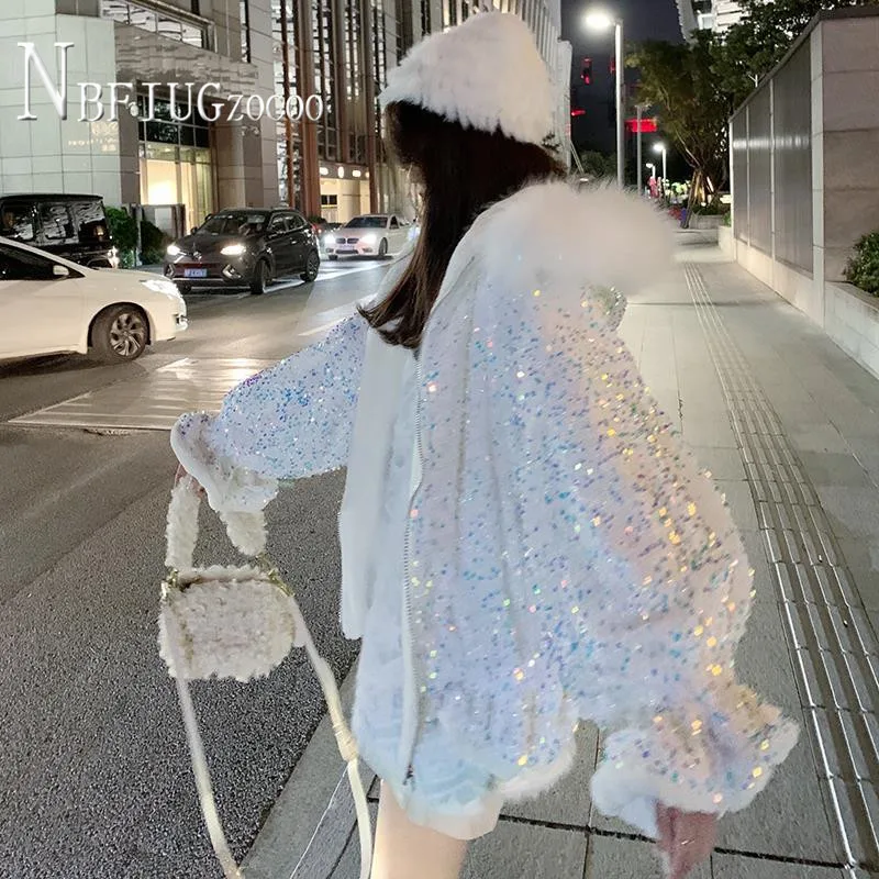 Женское пальто с воротником из искусственного меха и блестками зимняя подкладка