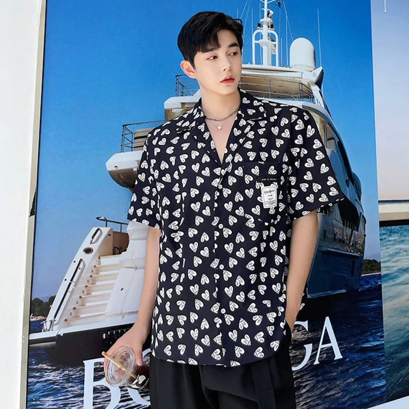 

IEFB Short Sleeve Summer Men's Shirt 2021 New Korean Fashion Print Notched Collar Causal Vintage Tops Male Label Single Pocket
