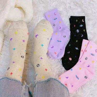 

Woman socks star moon spaceship space starry sky kawaii tube socks cute sweet girl cartoon Harajuku style socks