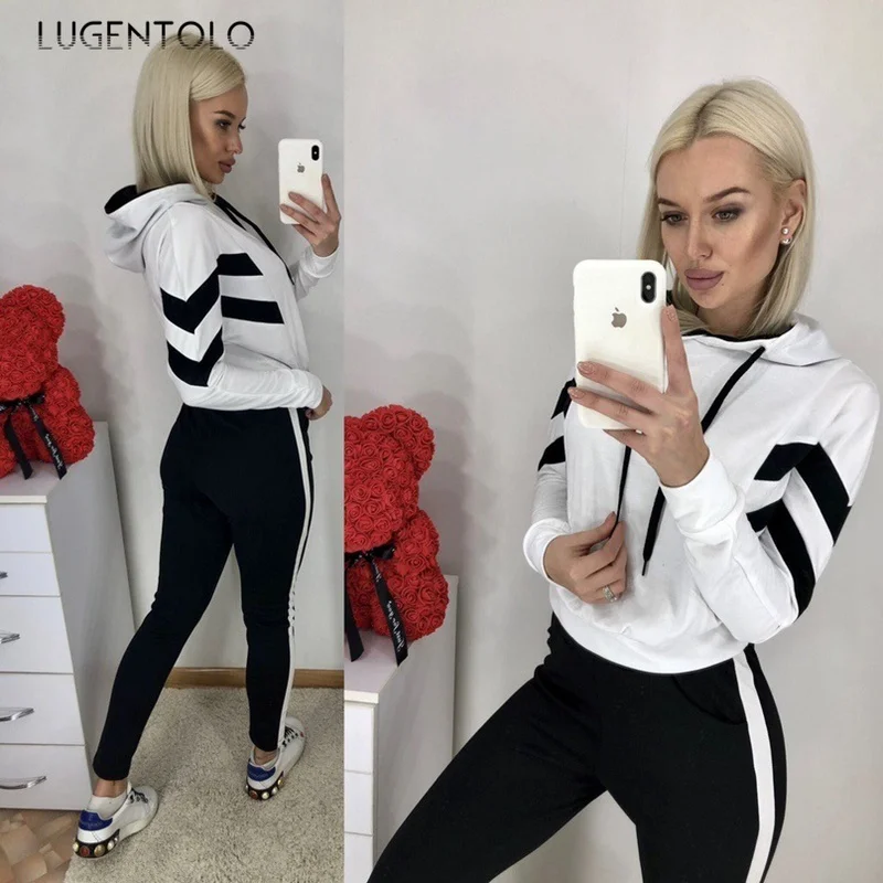 

Women Two Piece Outfit Autumn Hooded Winter Tracksuit Belly Button Solid Color Print Long Sleeve Casual Sweatsuit Sets Lugentolo