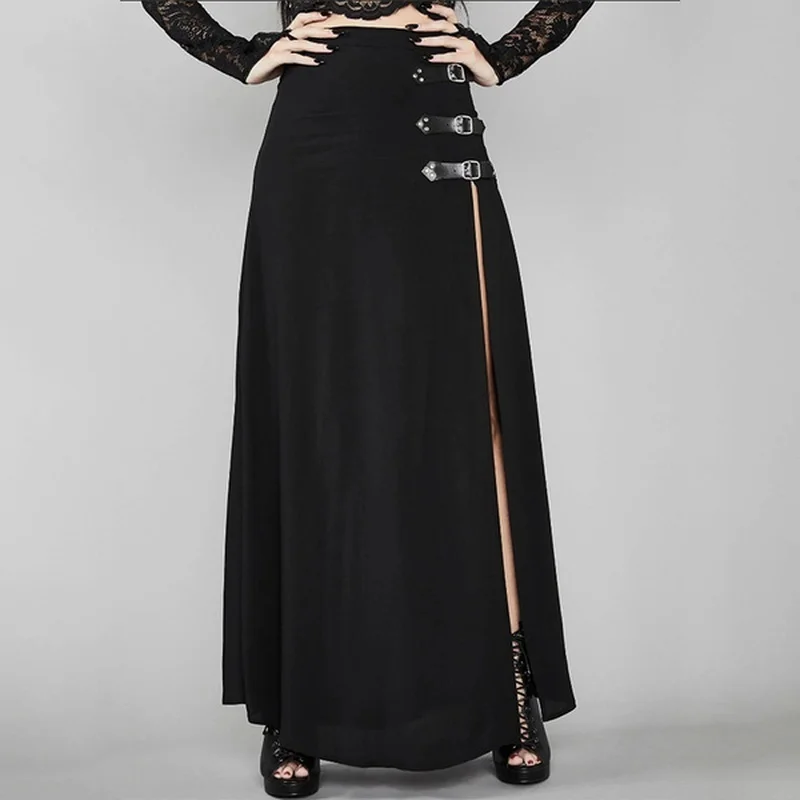 

Gothic Skirts Women High Split Maxi Skirts Steampunk Black A Line Long Buckle Strap Skirt Cosplay Plus Size Female Sexy Skirts