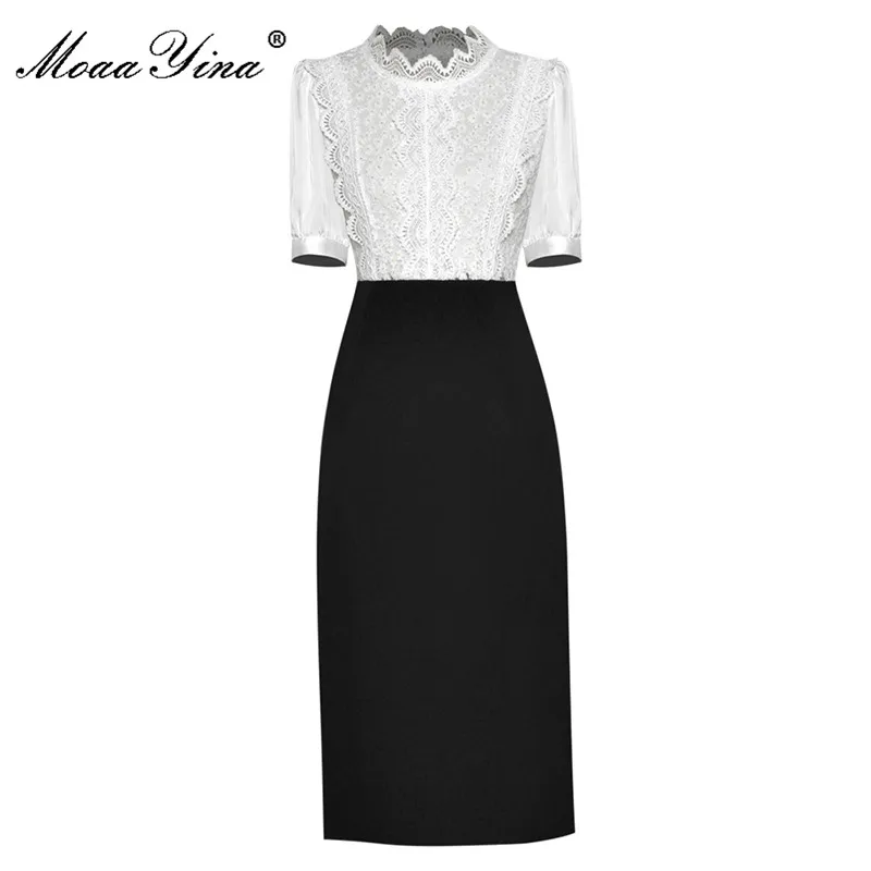 

MoaaYina New 2021 Fashion Designer Summer Midi Dress Women Lace Patchwork Short sleeve High waist Slim Pencil Dress