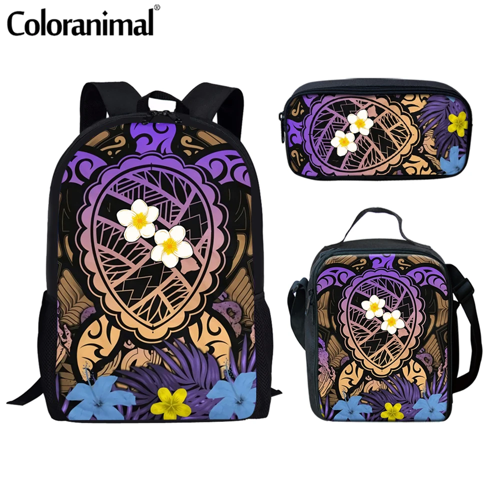 

Coloranimal 2021 Hot Selling Ladies 3Pcs/Set Backpack&Lunch Bag&Pencil Bag Turtle Polynesian Plumeria Printed Women Book Bolsa