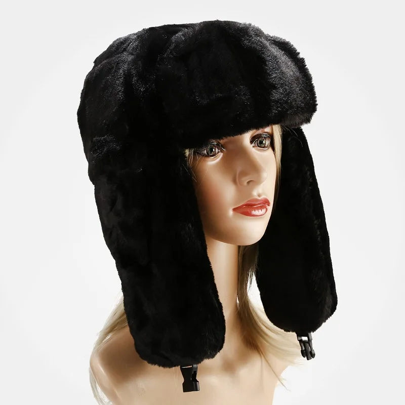 NEW Warm Faux Rabbit Fur Hats Women Winter Bomber Hat With Ear Flap Ski Cap Men Pilot Trapper Trooper Hat Outdoor Bomber Muts men's bomber hats