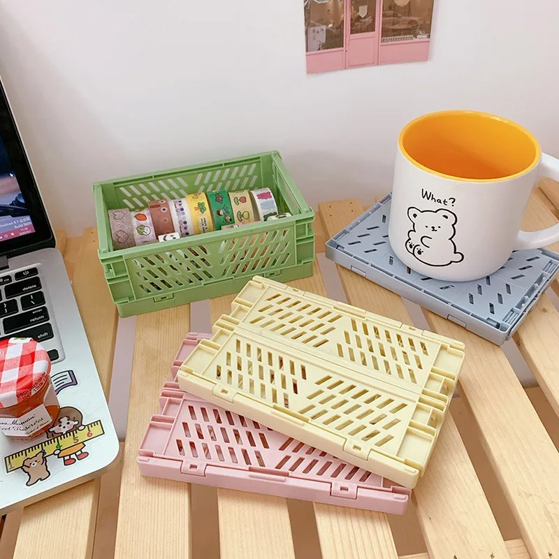 

Mini Foldable Plastic Crate Collapsible Folding Storage Box household desktop baskets storage plastic Supplies Container Holder