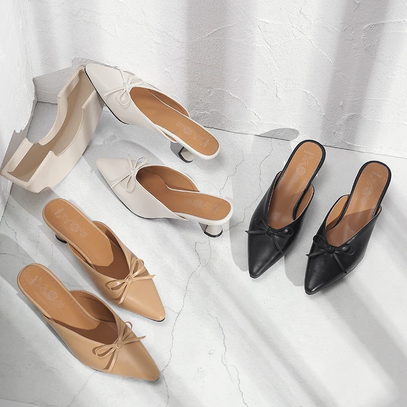 Мюли женские на высоком каблуке сандалии без застежки брендовые шлепанцы лоферы