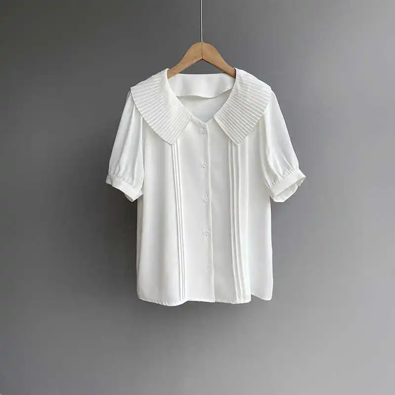 

COZOK Korean Version Reduced Age Accordion Pleated Baby Collar Shirt Female 2021 Spring Lantern Short Sleeve Solid Color