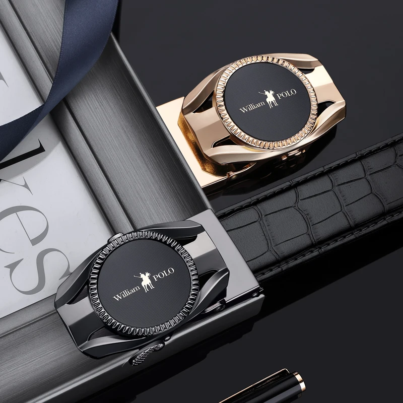 Мужской ремень из натуральной кожи WILLIAMPOLO черный с автоматической пряжкой