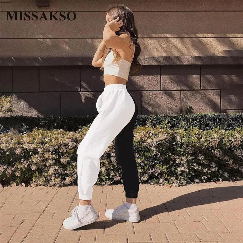 

Missakso Black White Patchwork Pants Women Sporty Streetwear Autumn Winter Sweatpants Loose Casual High Waist Trousers