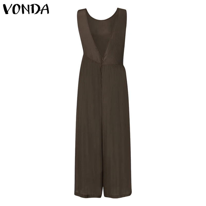 Женские комбинезоны VONDA, летние сексуальные однотонные Свободные Комбинезоны без рукавов, повседневные широкие длинные штаны, брюки