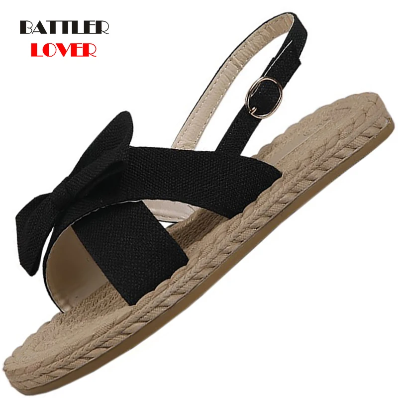 

Bow Hemp Sandals for Women 2021 Summer Casual Comfortable Shoes Female Fashion Flat Beach Sandalies Ladies Buckle-Strap Footwear